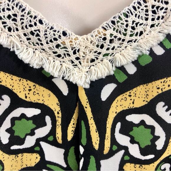 Rewind Tribal Print Macrame Tank Top Orange Ombre Black Tribal Design V Neck - Picture 4 of 16